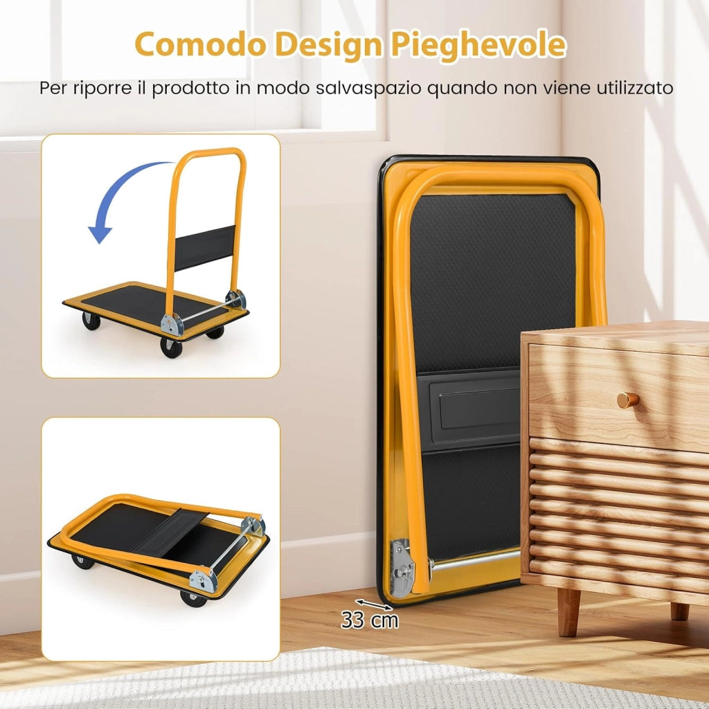 Carrello Pieghevole per Trasporto, Carrello Pieghevole con Piattaforma con Ruote Girevoli a 360°, Capacità di Peso 150 kg, per Garage, Magazzino (Giallo + Nero)
