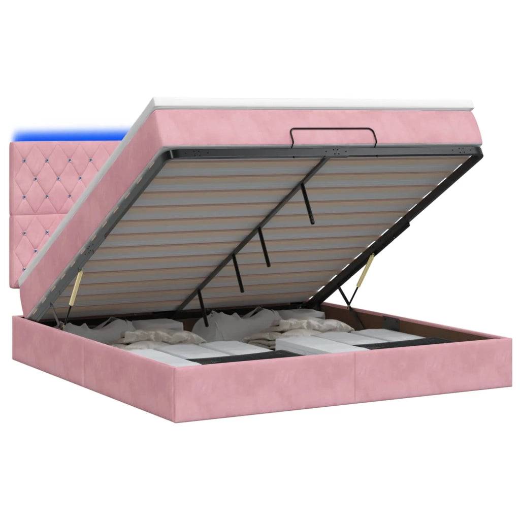Letto Ottomano con Materasso e LED Rosa 160 x 200 cm Velluto 3458246