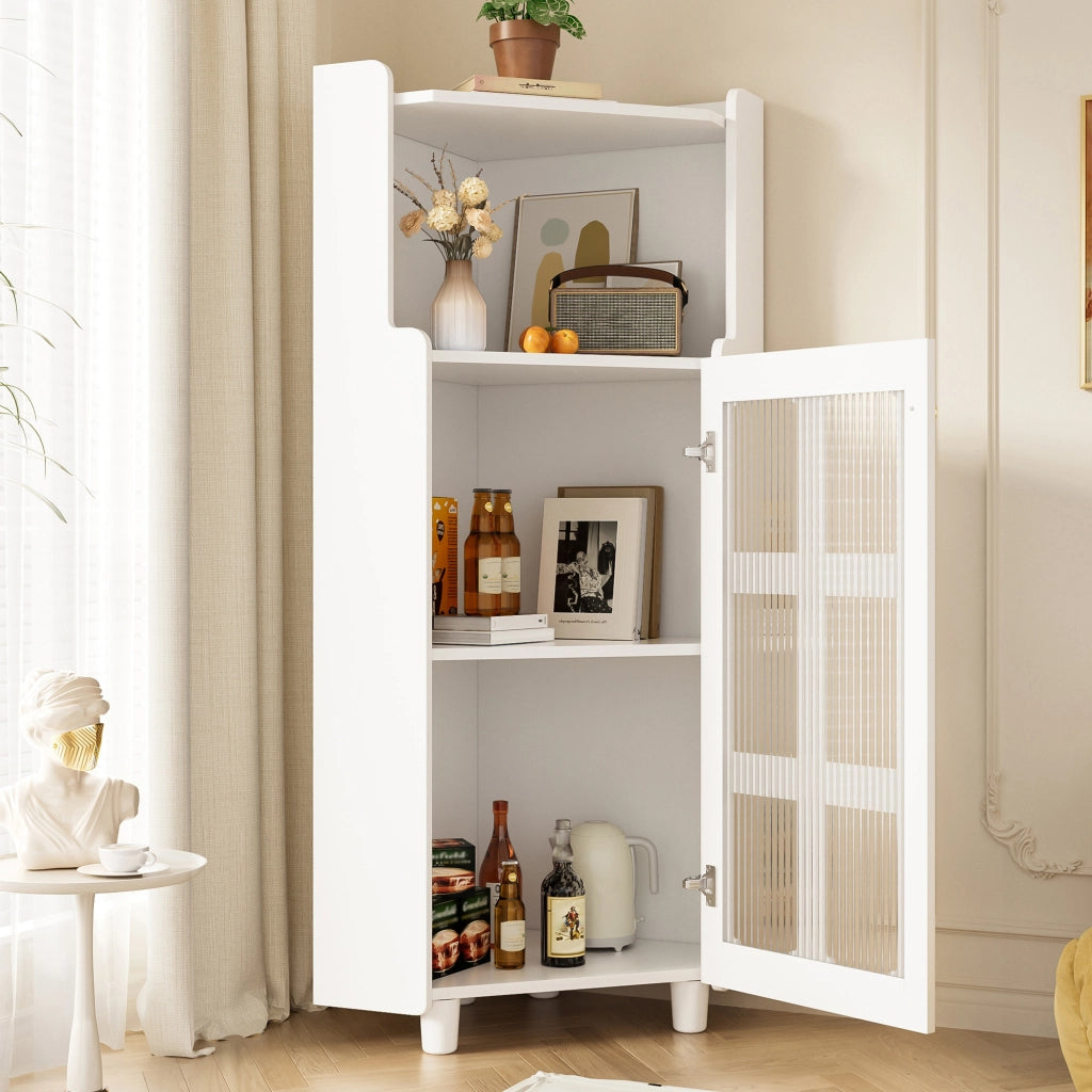 Mobile angolare con LED e 1 vano aperto, armadietto in vetro a 2 livelli, per soggiorno, bagno e cucina, in MDF, bianco, 63,5 × 124 cm