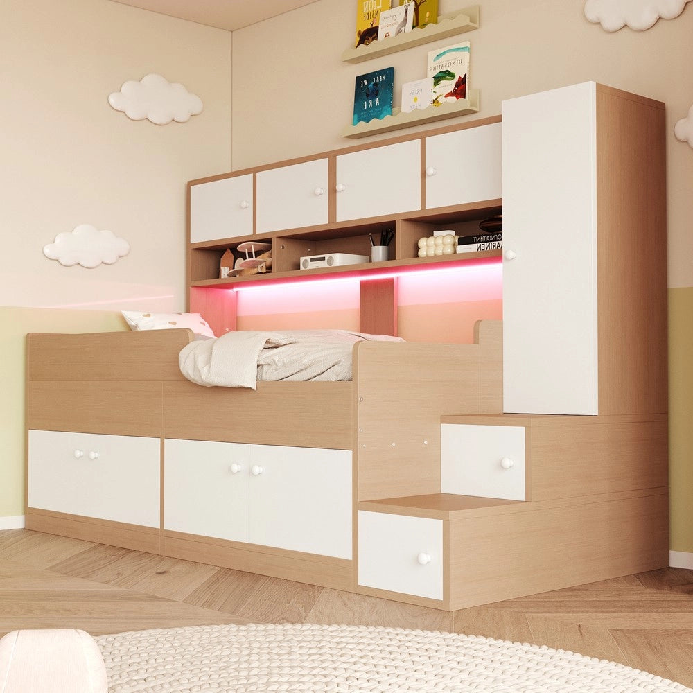 Letto Bambini in Legno con Soppalco, LED, Cassetti e Armadio ¨C Xylo ¨C 90x200
