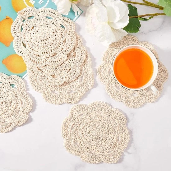 6 pezzi di placche per tavolo in cotone con bordo a rullo in ghivretta - doilies per tazze - decorazioni per matrimoni e feste del tè - beige.