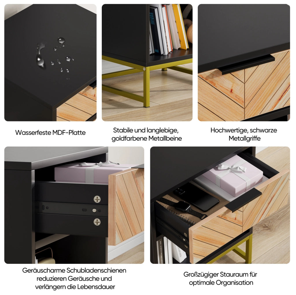 Comodino moderno in MDF con cassetto e ripiano aperto, 43x40x55 cm, colore nero