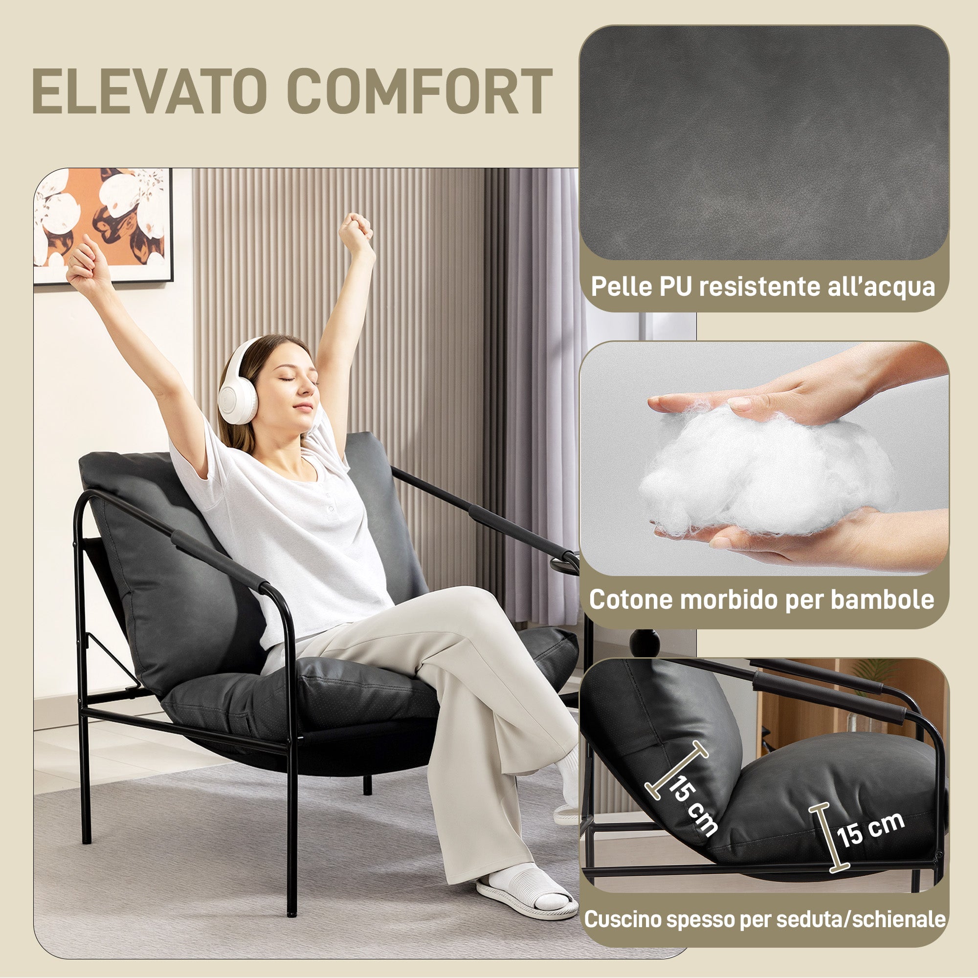 Poltrona da Salotto 74,5x75x77 cm con Cuscini Spessi in Pelle PU e Telaio in Metallo Grigio Carbone