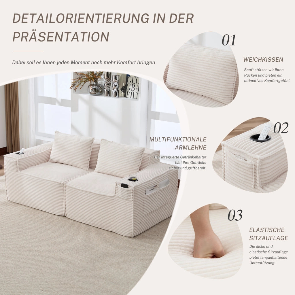 DIVANO modulare 2 posti 188x90x75 cm in corduroy beige