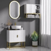 kleankin Mobile Bagno Sottolavabo con Armadietto 2 Ante in Legno e Acciaio, 60x30x65cm, Bianco e Oro