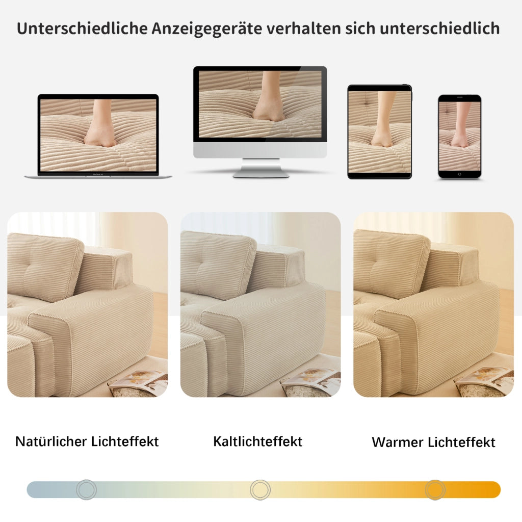 Divano modulare boneless in corduroy beige con seduta profonda 74 cm e base antiscivolo