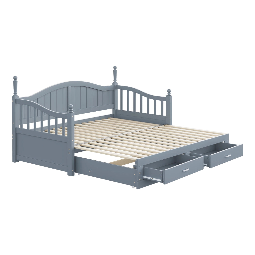 OKWISH Letto a Cassetti 90×190 cm, Letto Singolo estraibile con 2 Cassetti, Schienale Curvo e Braccioli, senza Materasso, Grigio