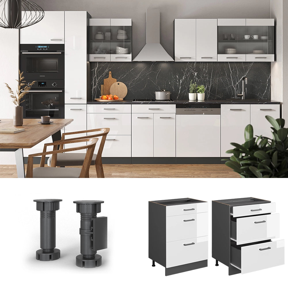 Vicco Mobiletto base per cucina Bianco lucido 60 cm con cassetti, PL Rovere