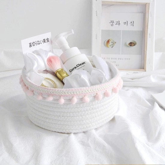 Set di conservazione, cestino di conservazione tessuto, cestini di tessuto con filo bianco, contenitore di conservazione di cotone, piccolo contenitore di cotone con filo, palla di cotone morbido, organizzatore per bambini, cosmetici, scrittura