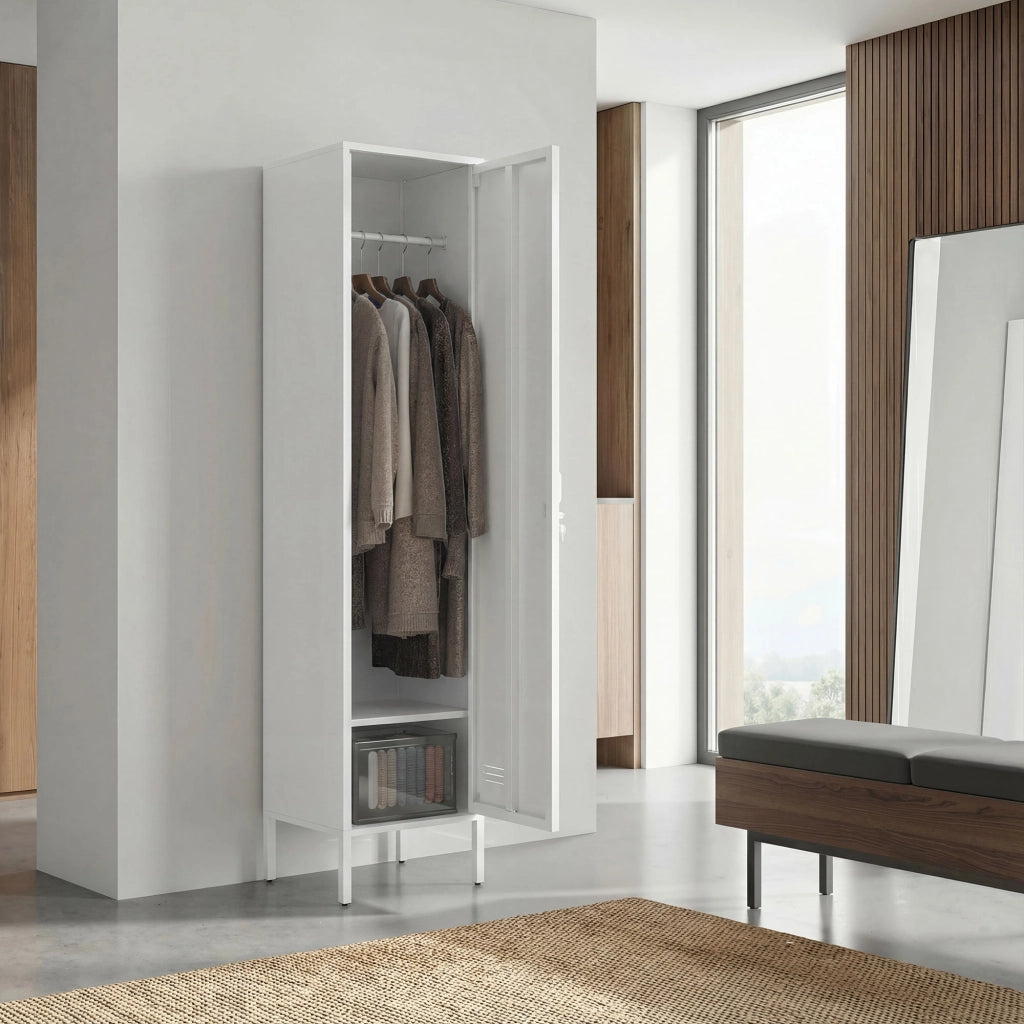 Armadio Metallico con Porta Chiudibile, Portanome e Asta Appendiabiti, 40x40x179 cm, Bianco