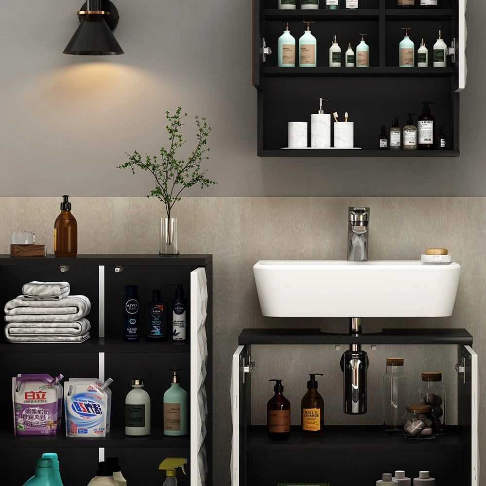 Set di mobili da bagno Edge, Nero, 60 cm, composto da mobile sottolavabo, specchiera e mobile medio