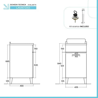 Mobile lavatoio 45x50 cm grigio calce vasca in ceramica e kit di scarico Moon
