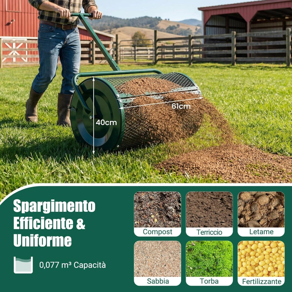 Spandiconcime a Rullo, Rullo da Giardino con Impugnatura Pratica Chiusure Laterali e Rete in Metallo per Concimazione e Semina, Spandiconcime per Prato e Giardino (40 x 61 cm Verde)
