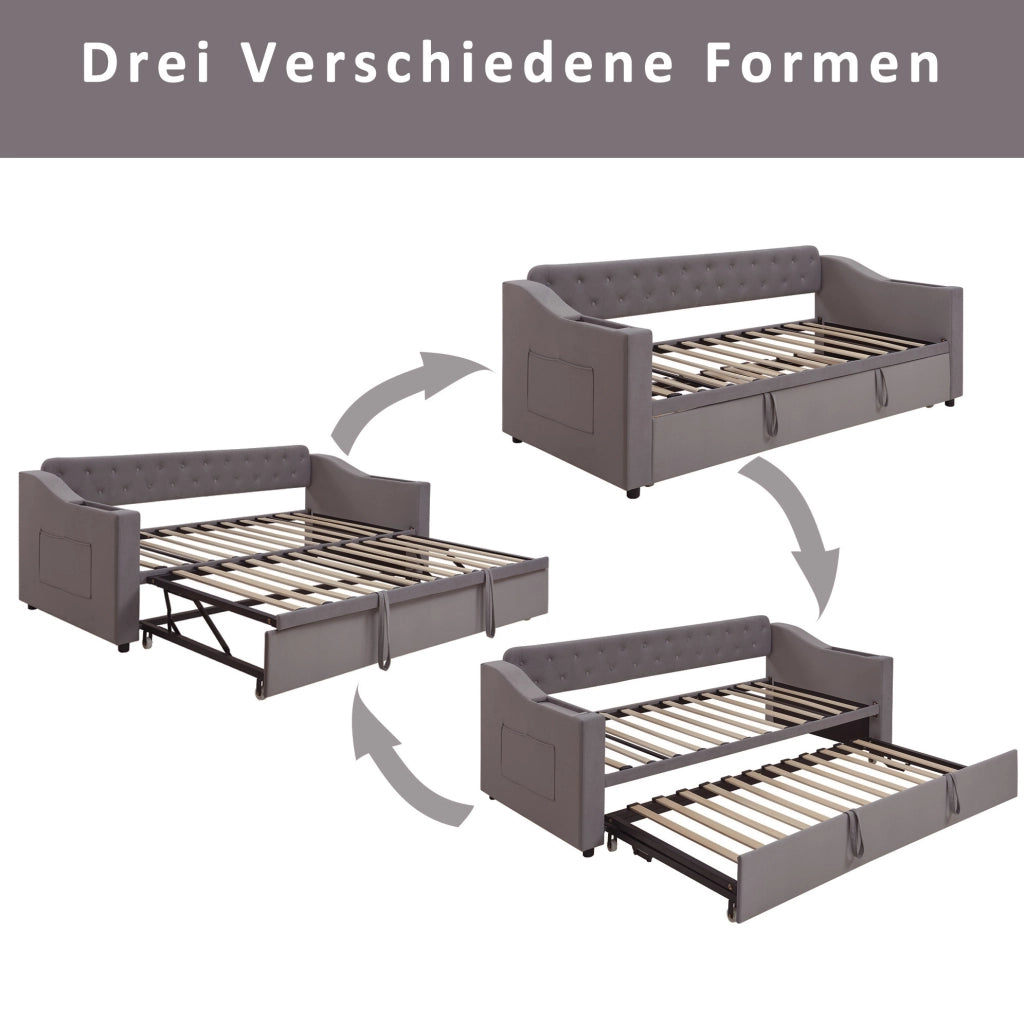 Divano letto imbottito estraibile 90x190 cm grigio con USB