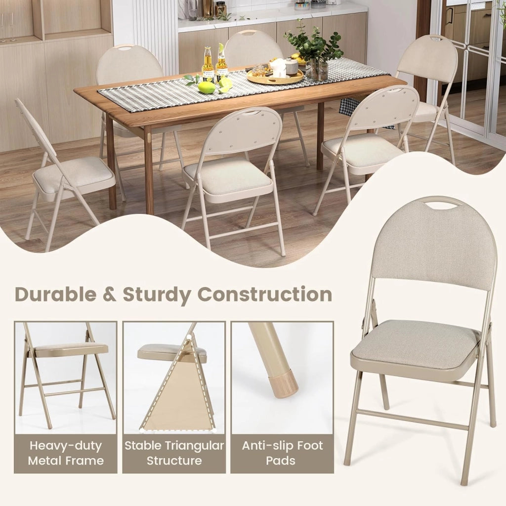 Set di 4 sedie pieghevoli in tessuto, sedie pieghevoli con sedile e schienale imbottito, sedie da pranzo con poggiapiedi telaio in metallo, 50 x 47 x 88,5 cm (Beige)