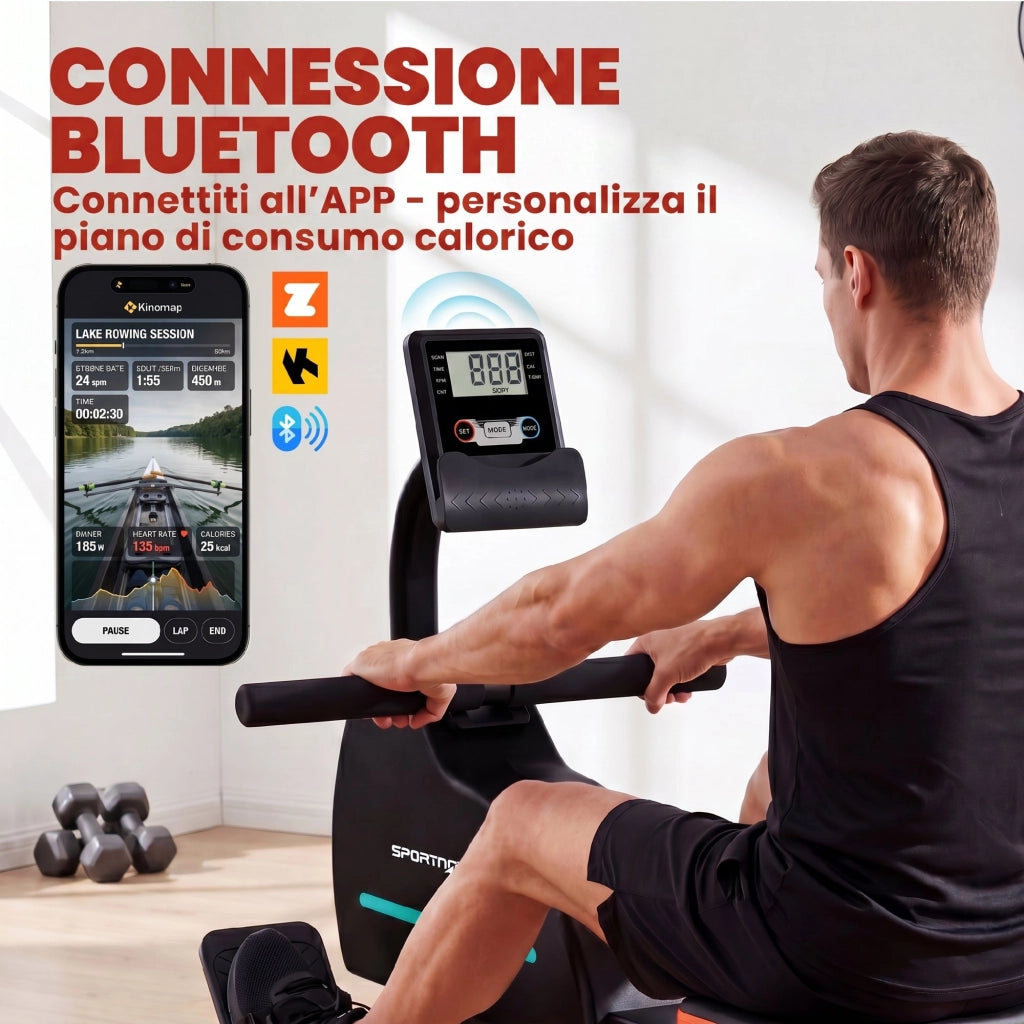 Vogatore Domestico 135x42x72 cm 16 Livelli Resistenza Bluetooth APP in Metallo e ABS Nero