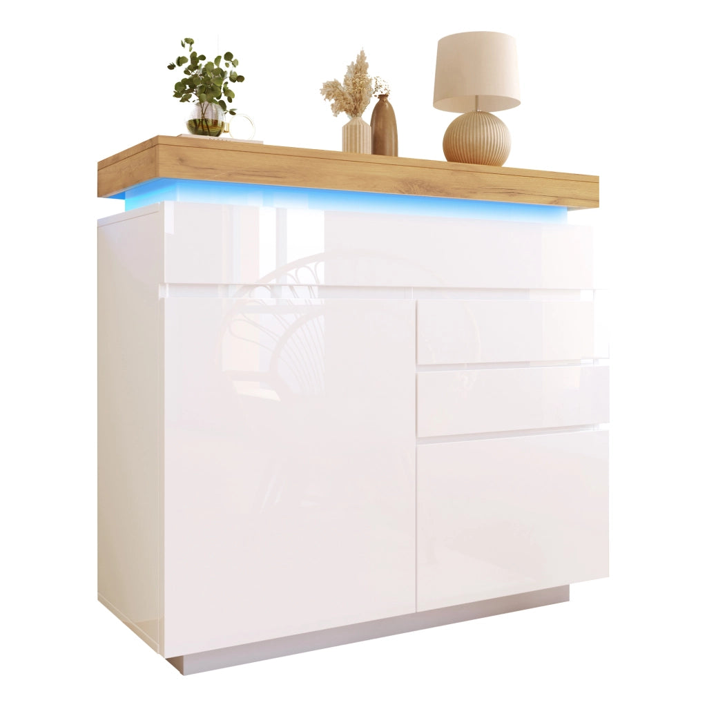Cassettiera con 2 Ante e 3 Cassetti e LED con Controllo App; Finitura Lucida; in Pannello Truciolare; Bianco; 110??39??115 cm