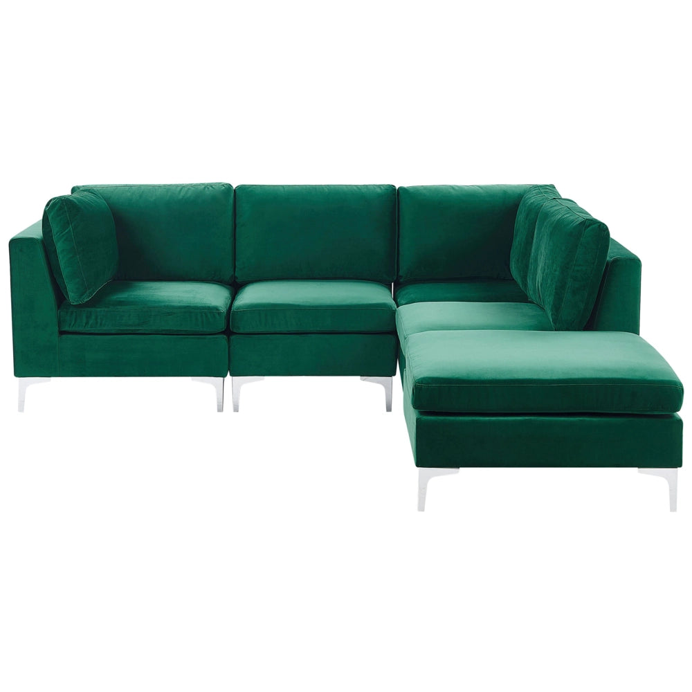 Divano ad angolo componibile versione sinistra a 4 posti in velluto verde con gambe in metallo argentato a forma di L ottomana Stile glamour