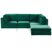 Divano ad angolo componibile versione sinistra a 4 posti in velluto verde con gambe in metallo argentato a forma di L ottomana Stile glamour