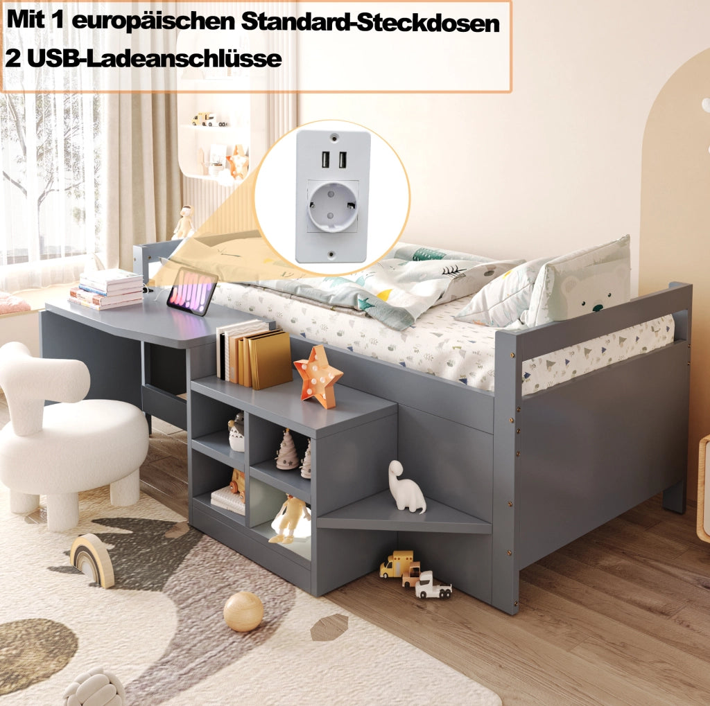 Letto multifunzionale 90x200 cm con scrivania; vani contenitore e prese USB; grigio