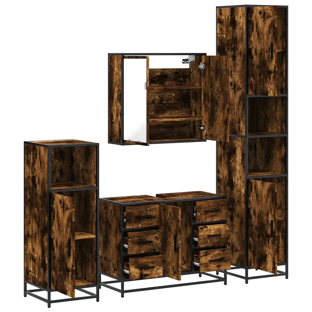 Set Mobili da Bagno 4 pz Rovere Fumo in Legno Multistrato