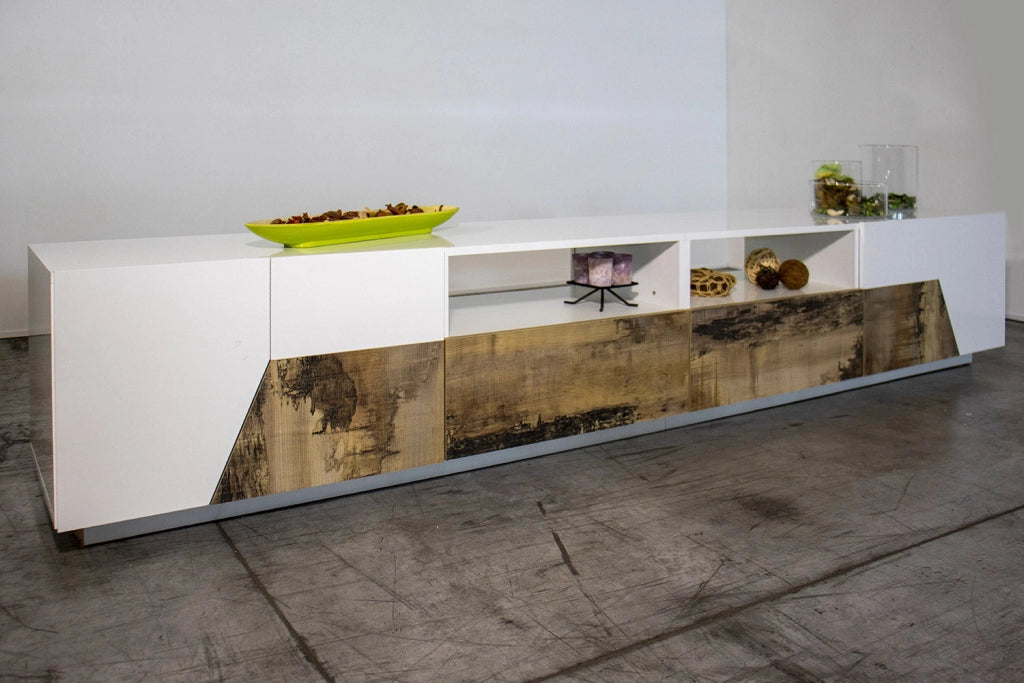 Mobile TV 4 Ante 2 Cassetti 260x43x46 cm Alien Bianco Lucido e Acero Pereira