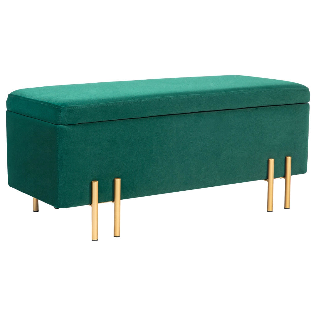 Panca contenitore imbottita in poliestere verde con vano interno, struttura in legno e metallo, 100 x 40 x 42 cm