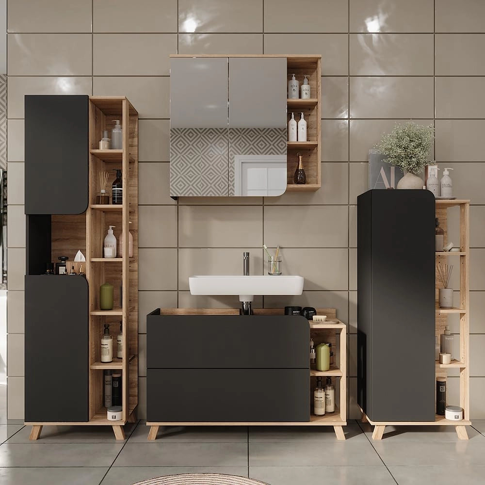 Set di mobili da bagno Karen, Sonoma/antracite, 100 cm, composto da mobile lavabo, pensile a specchio, colonna e base media