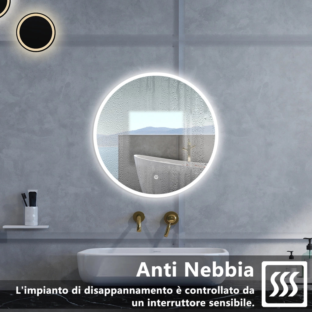 Specchio da bagno Rotondo con 70cm,Memoria, Antifog,Regorabile,Retroilluminato,doppio interruttore,