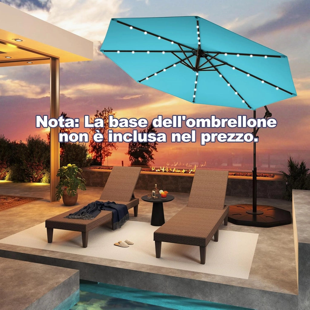 Ombrellone da Giardino ∅300 cm con 32 Luci LED, Ombrellone Prendisole con Rotazione di 360°, Inclinazione Regolabile, 8 Stecche, Manovella, per Giardino Piscina Cortile (Turchese)