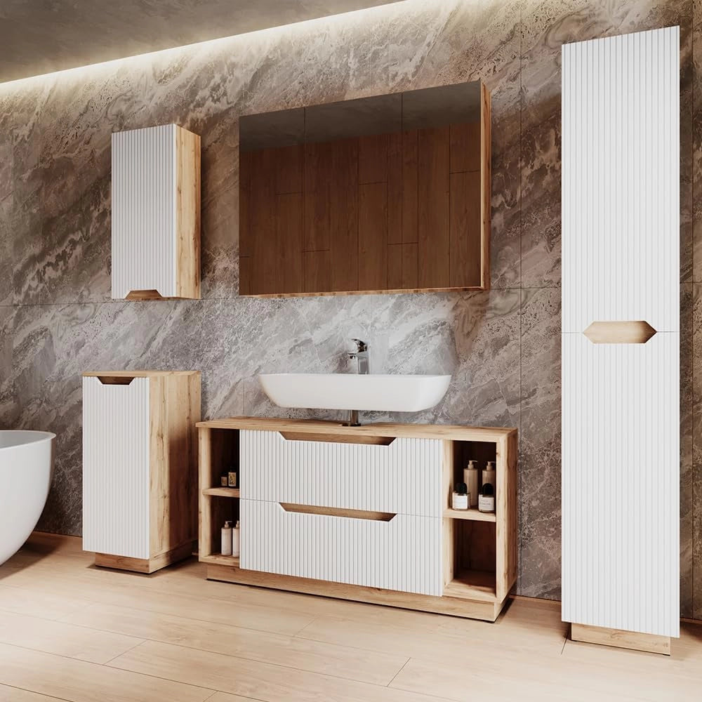 Set di mobili da bagno Lotta, Rovere/bianco a strisce, 5 parti