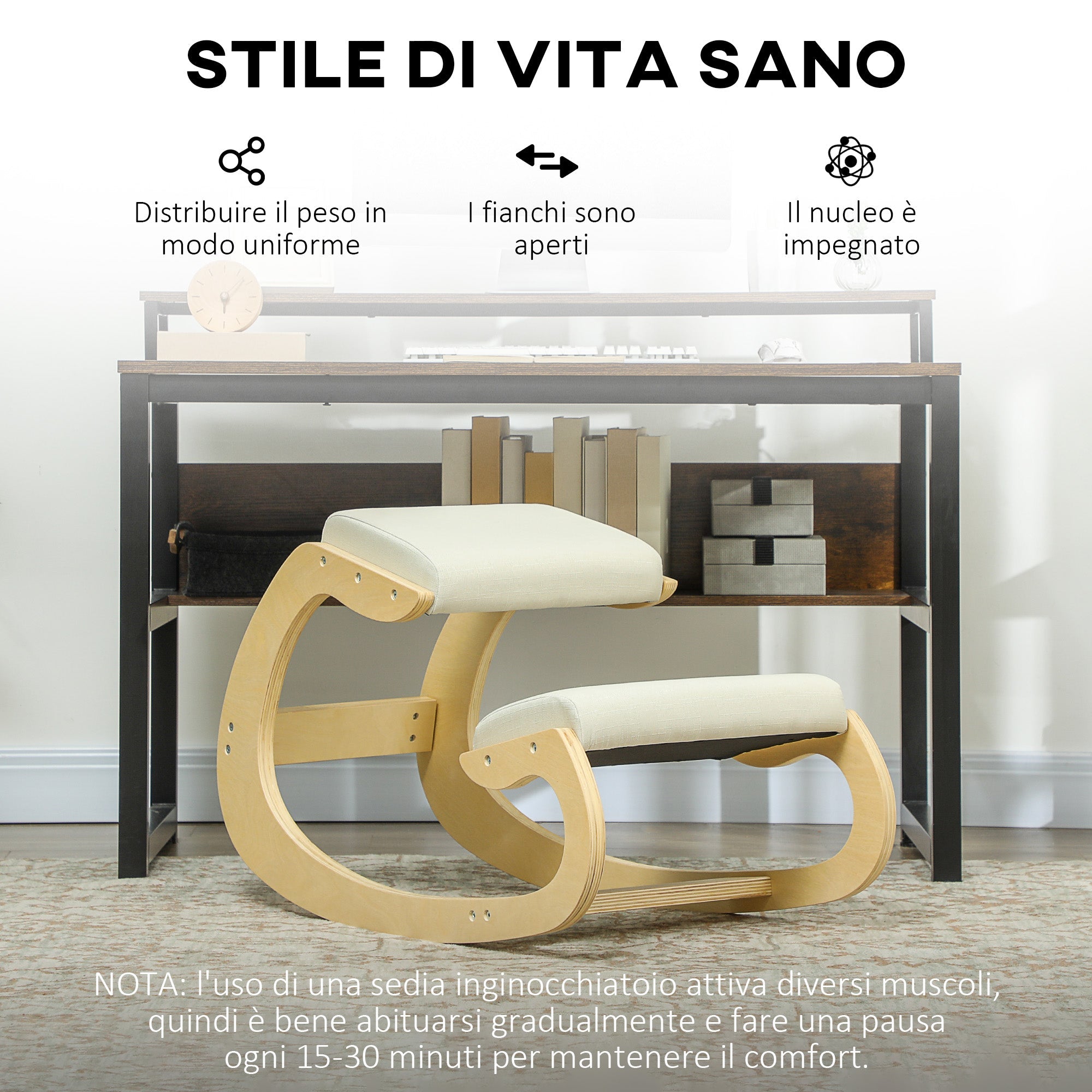 Sedia Inginocchiatoio con Movimento a Dondolo  55x85x55 cm in Tessuto Effetto Lino e Legno di Betulla Crema