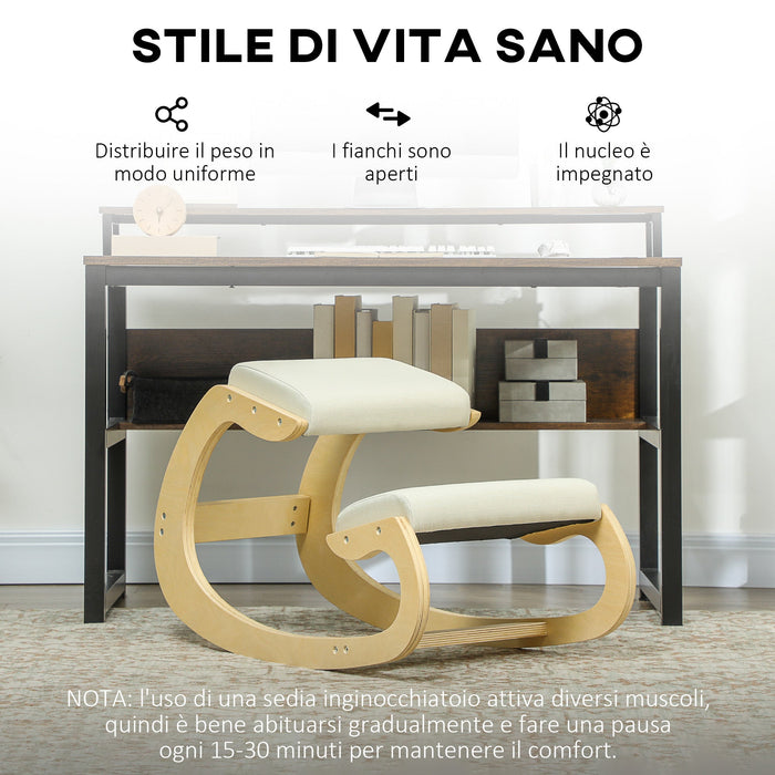 Sedia Inginocchiatoio con Movimento a Dondolo  55x85x55 cm in Tessuto Effetto Lino e Legno di Betulla Crema