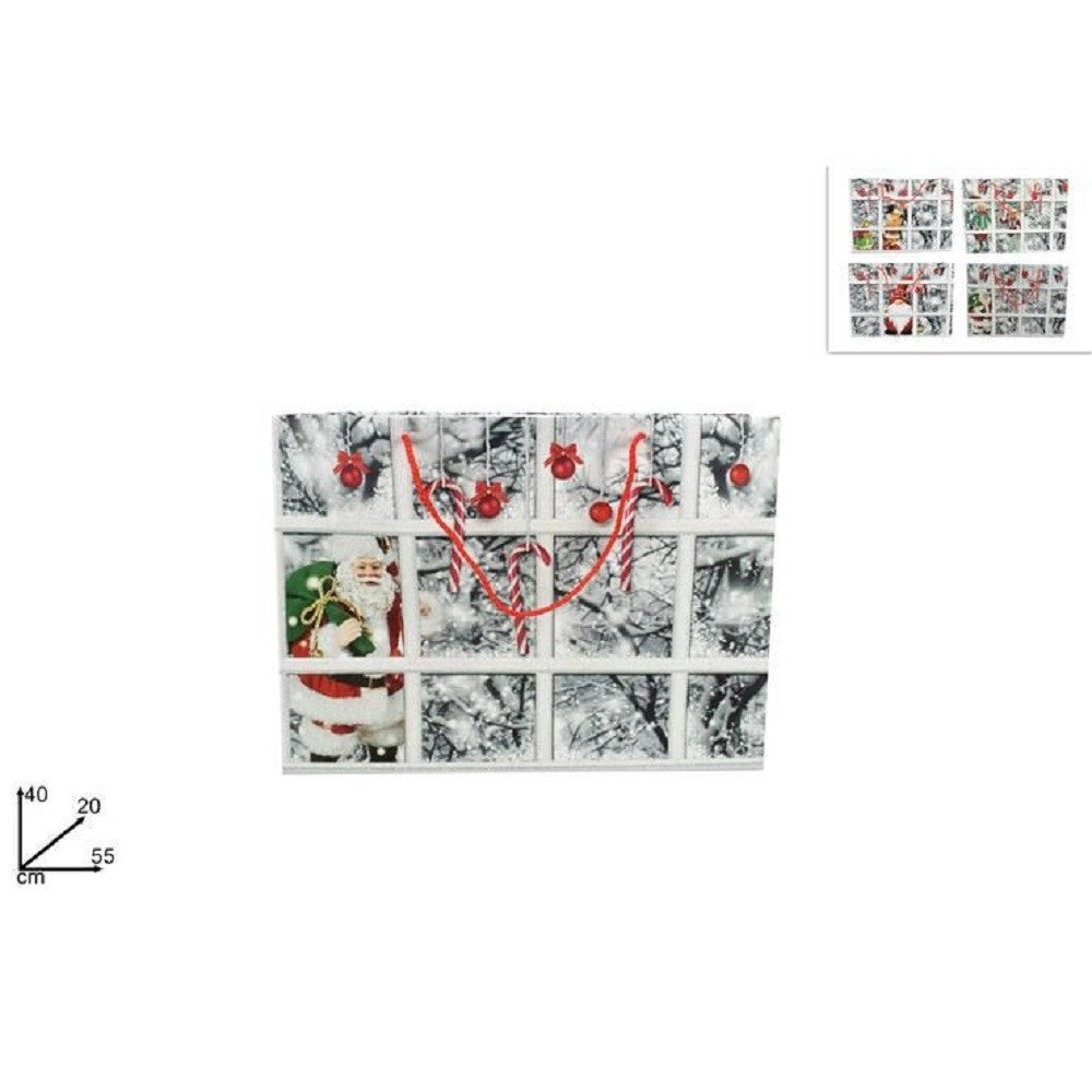 Trade Shop - Busta Da Regalo Stampa Finestra Con Paesaggio Innevato Manici Rossi 55x40x20 Cm -