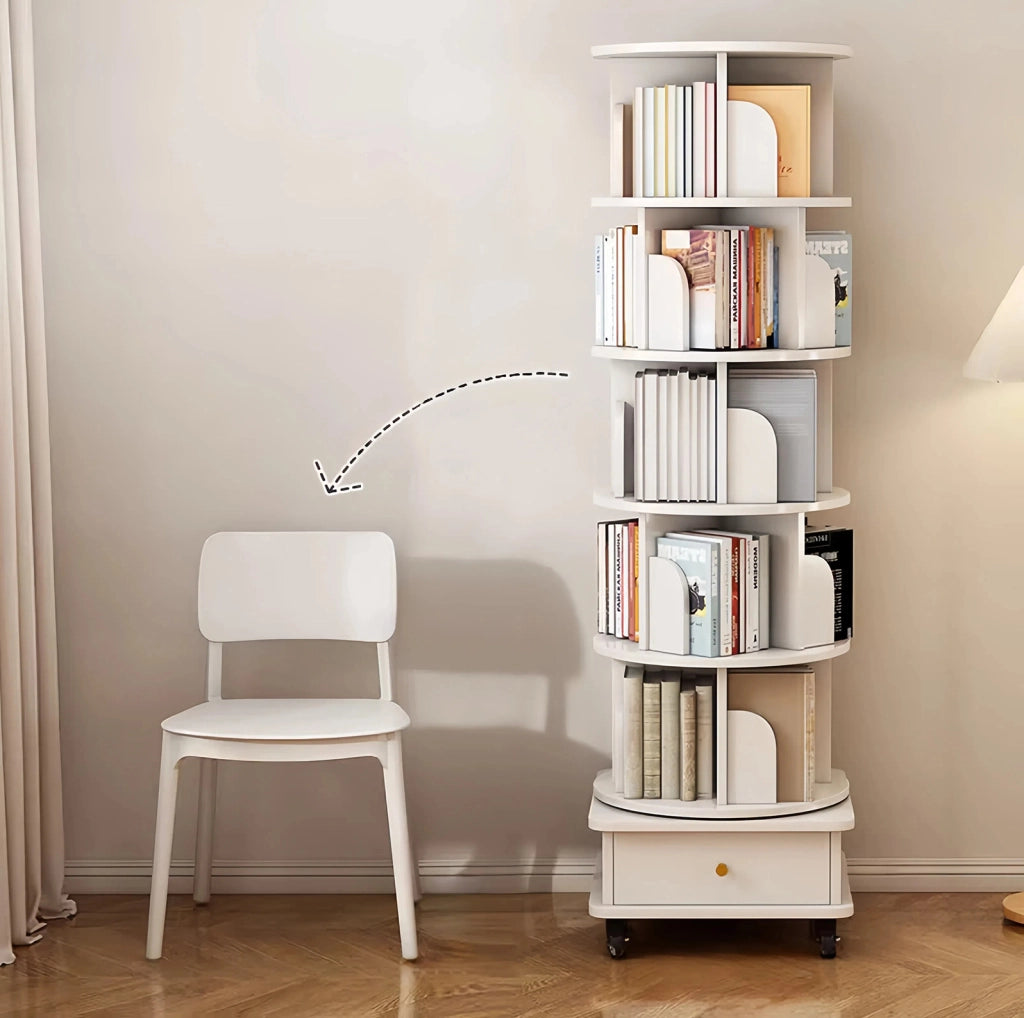 Libreria girevole 360° con cassetto e ruote, bianca