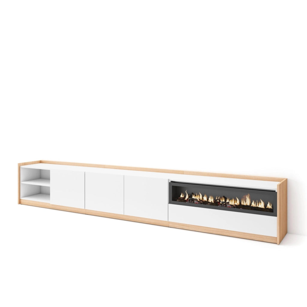 Mobile TV Soggiorno, 310x50x37 cm, Per TV fino a 80", Camino elettrico, Bianco e Rovere soft