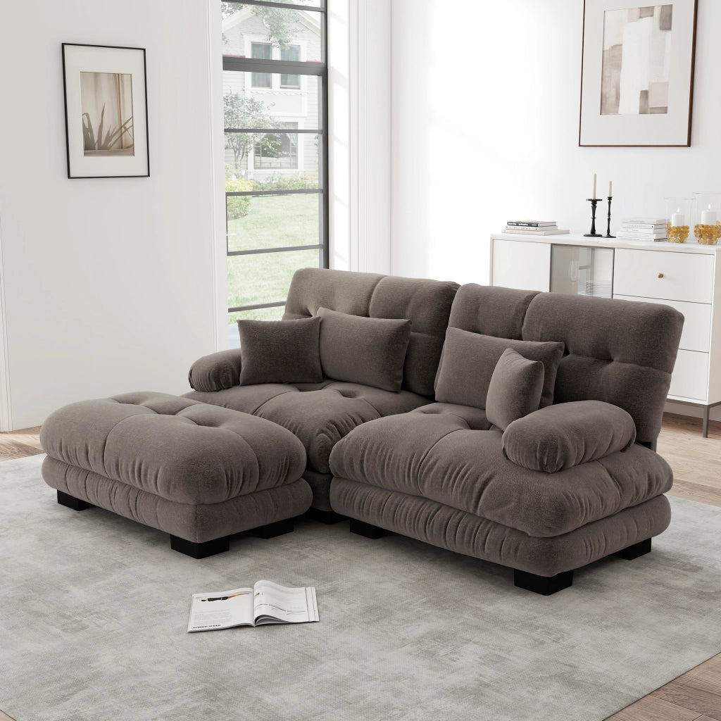 Canapé modulaire in chenille con cuscini lombari e pouf, seduta profonda e braccioli morbidi marrone 220 × 145 × 81 cm