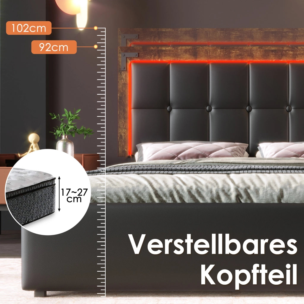 Letto Singolo 1 Posto con LED, 4 Cassetti e Testiera Regolabile 90 × 200 cm, Senza Materasso, Nero