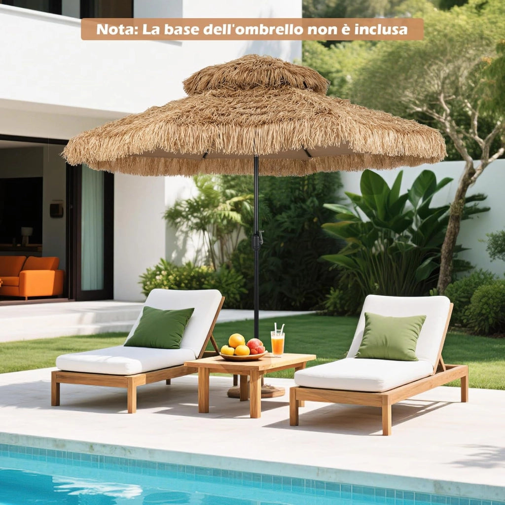 Ombrellone da Spiaggia 300 cm, Ombrellone Hawaiano in Paglia PE con 8 Stecche, Manovella Manuale, Inclinazione Regolabile, per Spiaggia, Patio (300 cm/0 Luci)