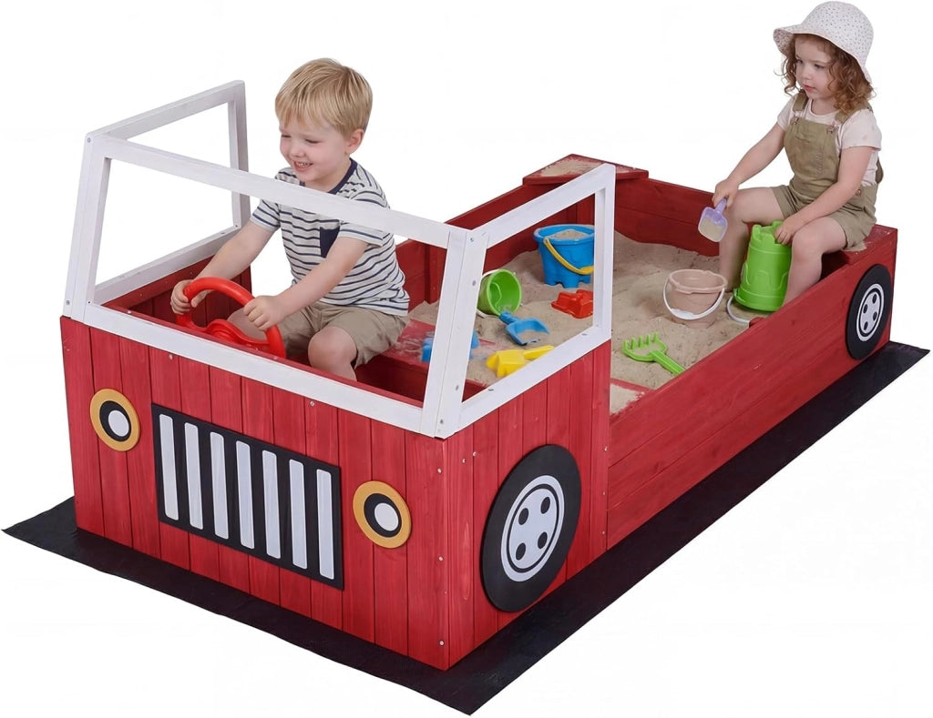 Sabbiera per Bambini in Legno Massello, Sabbionaia da Esterno con Panca Sedile e Fodera, Forma di Autopompa, Gioco per Spiaggia, Cortile e Giardino, 156x80x70 cm