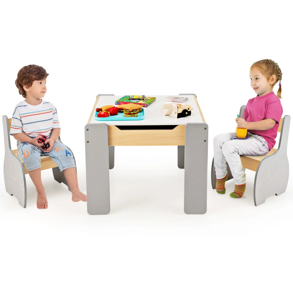 Set di tavolo e sedie per bambini con deposito lavagna rimovibile, Set di mobili 3 PCS per ragazzi e ragazze Grigio-Tavoli e sedie