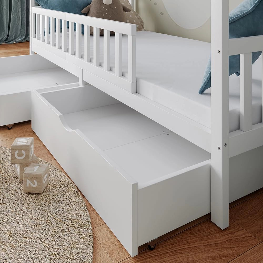 Letto montessori bambini Franka, Bianco, 90x200 cm con 2 cassetti e materasso, adatto per materassi fino a 90x200 cm e combinabile