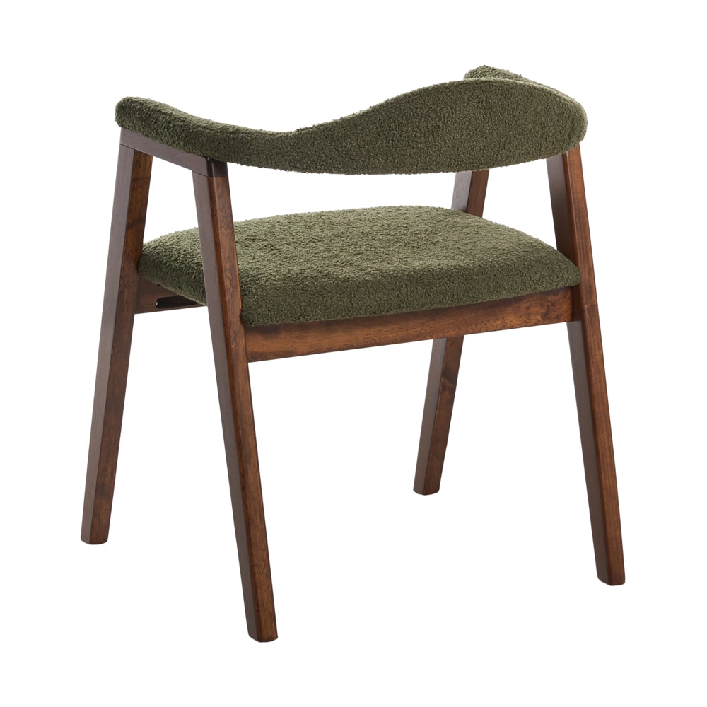 Set di 2 sedie da pranzo con seduta e schienale imbottiti verdi, rivestimento in bouclé, poliestere, struttura in legno di gomma color marrone, stile retrò, per sala da pranzo.