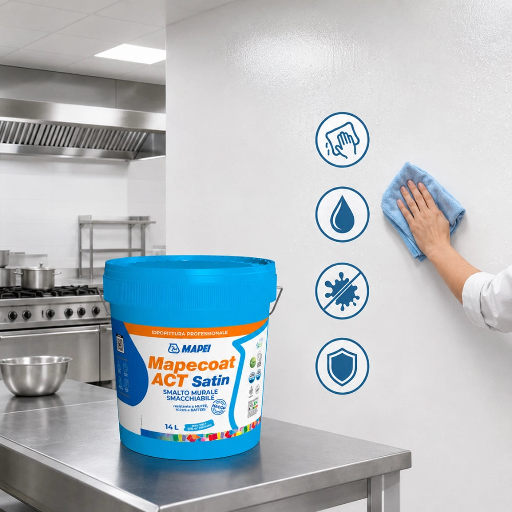 Mapei mapecoat act satin smalto murale lavabile antimuffa e antibatterico *** formato 14 lt, confezione 1