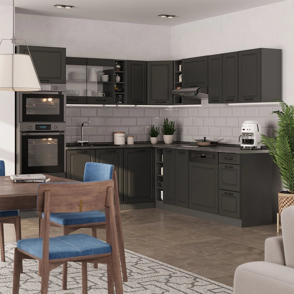 Cucina angolare completa R-Line Antracite rustico/Antracite 247 x 237 cm, PL Marmo Vicco