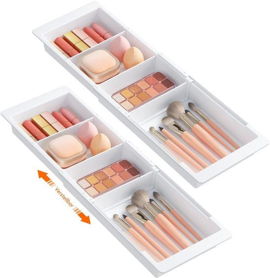 Organizzatore per cassetto 2 in 1, ripartitore di cassetto regolabile, 35,2-55,5 cm di lunghezza e 4,7 cm di altezza, organizzatore per bagno in plastica appeso per cosmetici, trucco, cucina, ufficio, bianco
