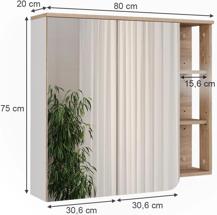 Mobile a specchio Karen, Sonoma/Bianco, 80 x 75 cm, per montaggio a parete con superficie d'appoggio integrata