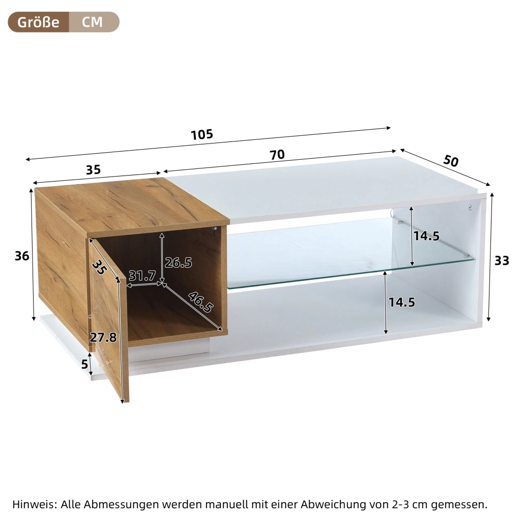 Tavolino da caffè 105x50x36 cm; con LED e spazio contenitivo; truciolare e vetro temperato; bianco e colore naturale