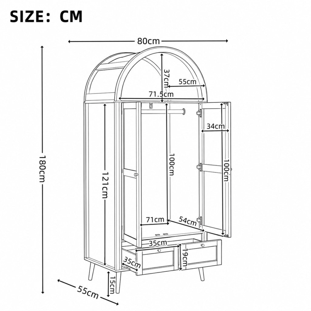 Armadio 2 ante e 2 cassetti con asta appendiabiti e nicchia aperta; design ad arco; MDF; noce e beige; 80 × 55 × 180 cm