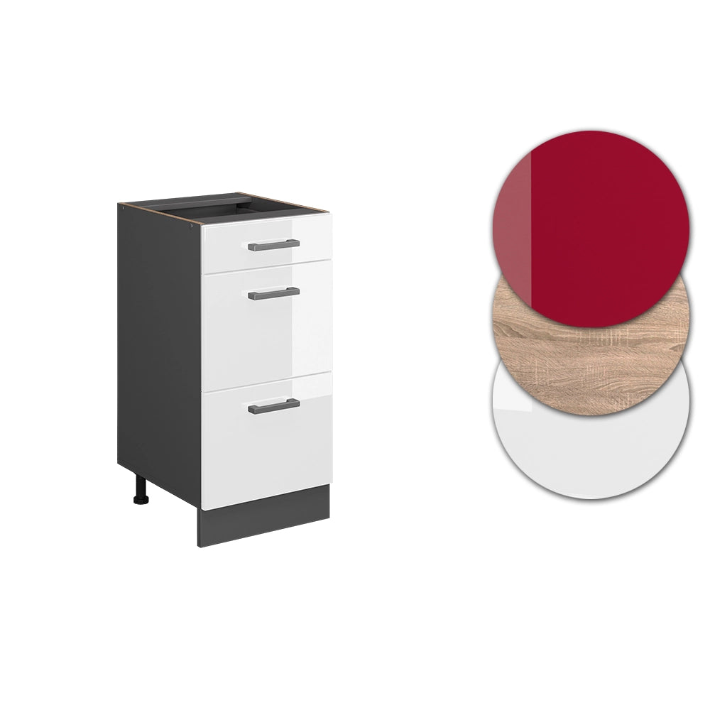 Mobiletto base per cucina R-Line Bianco lucido/Antracite 40 cm con cassetti, senza piano di lavoro Vicco